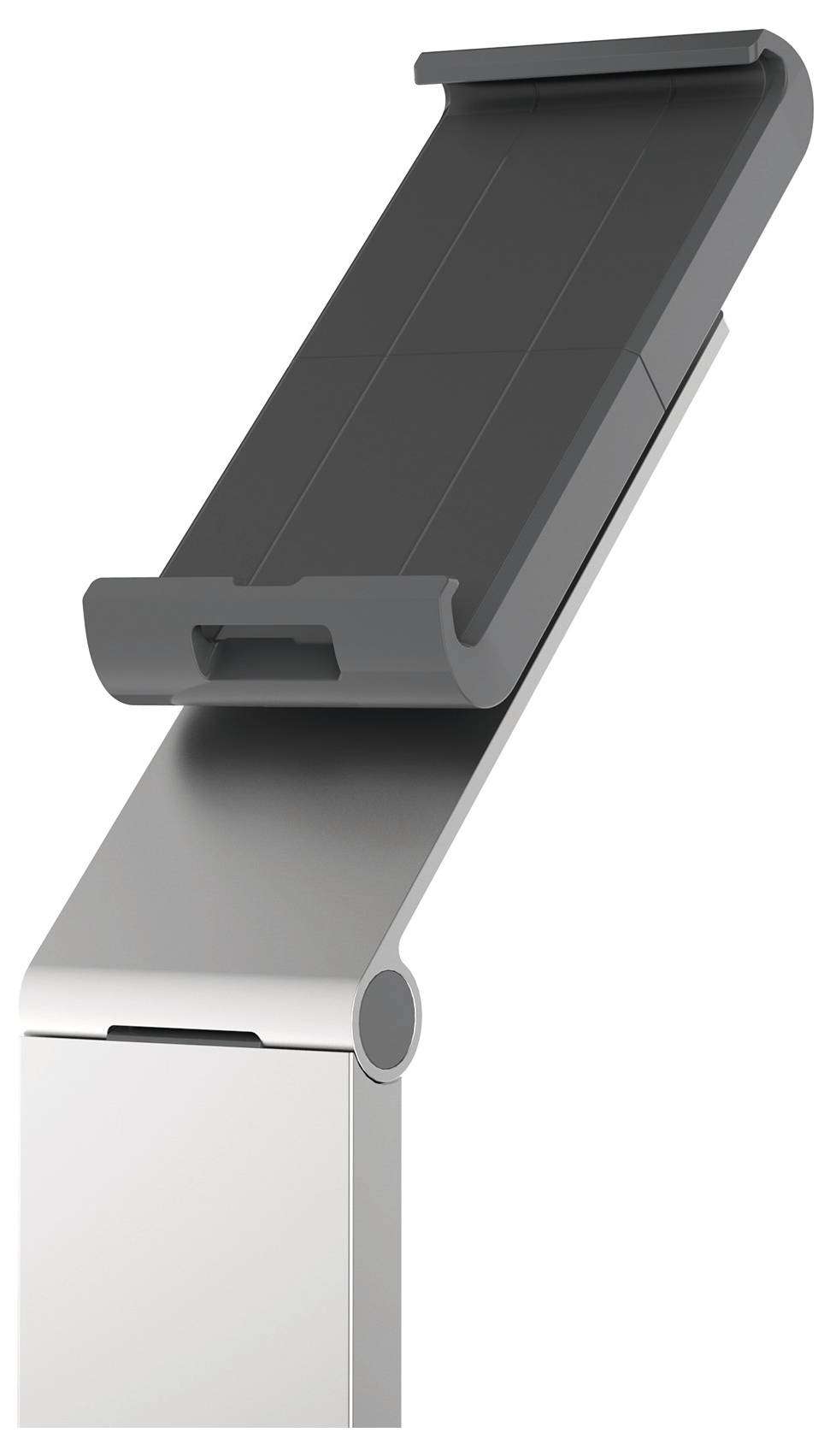 An aluminium stand with an angled holder, suitable for tablets. The holder is adjustable to support various viewing angles.