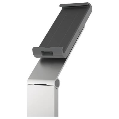 An aluminium stand with an angled holder, suitable for tablets. The holder is adjustable to support various viewing angles.