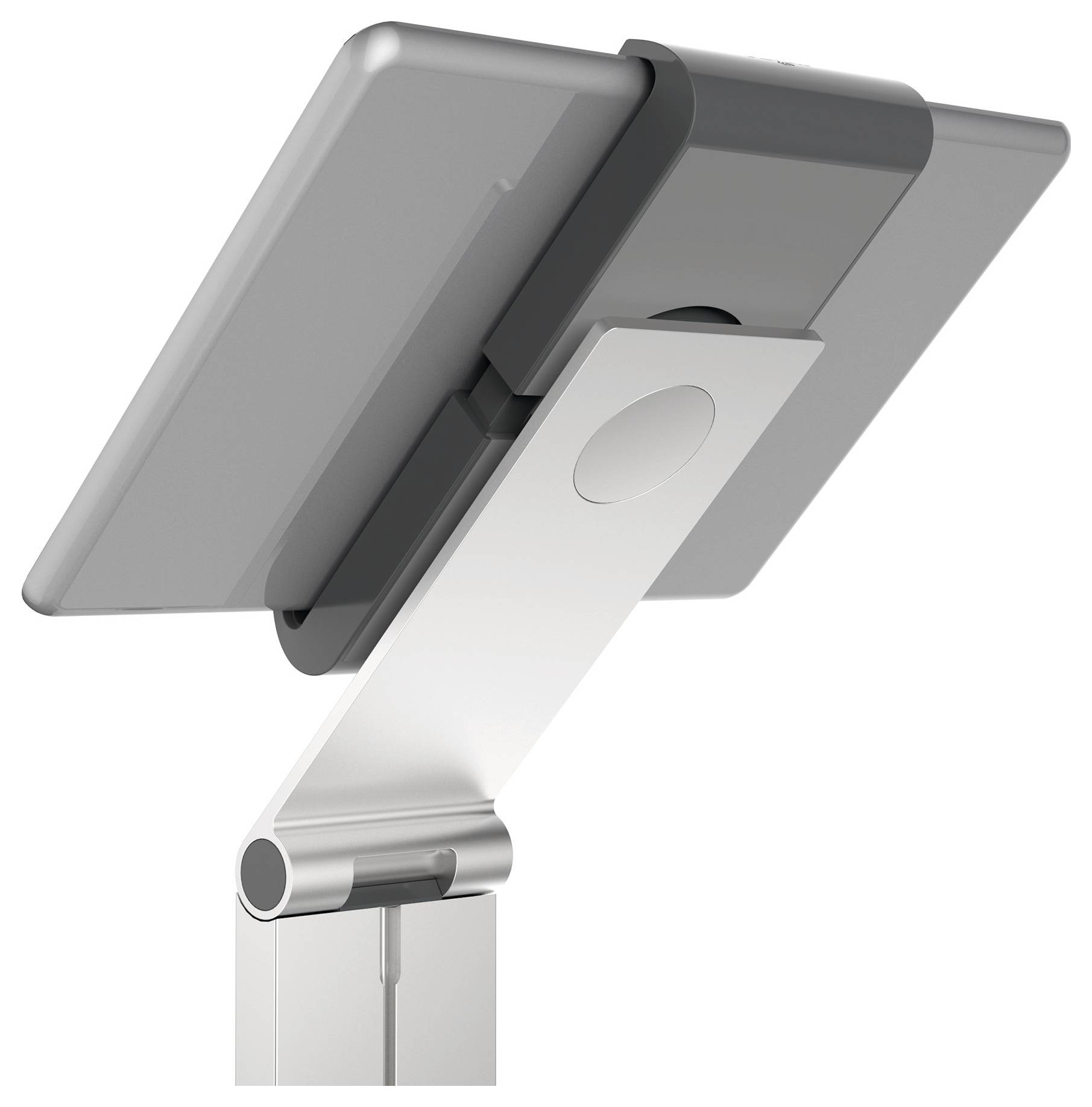 Silver tablet stand with adjustable joint, holds a tablet in an upright position.