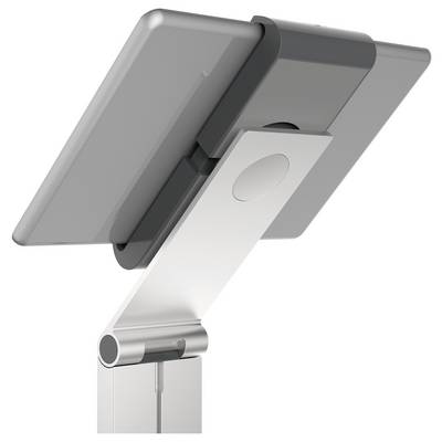 Silver tablet stand with adjustable joint, holds a tablet in an upright position.