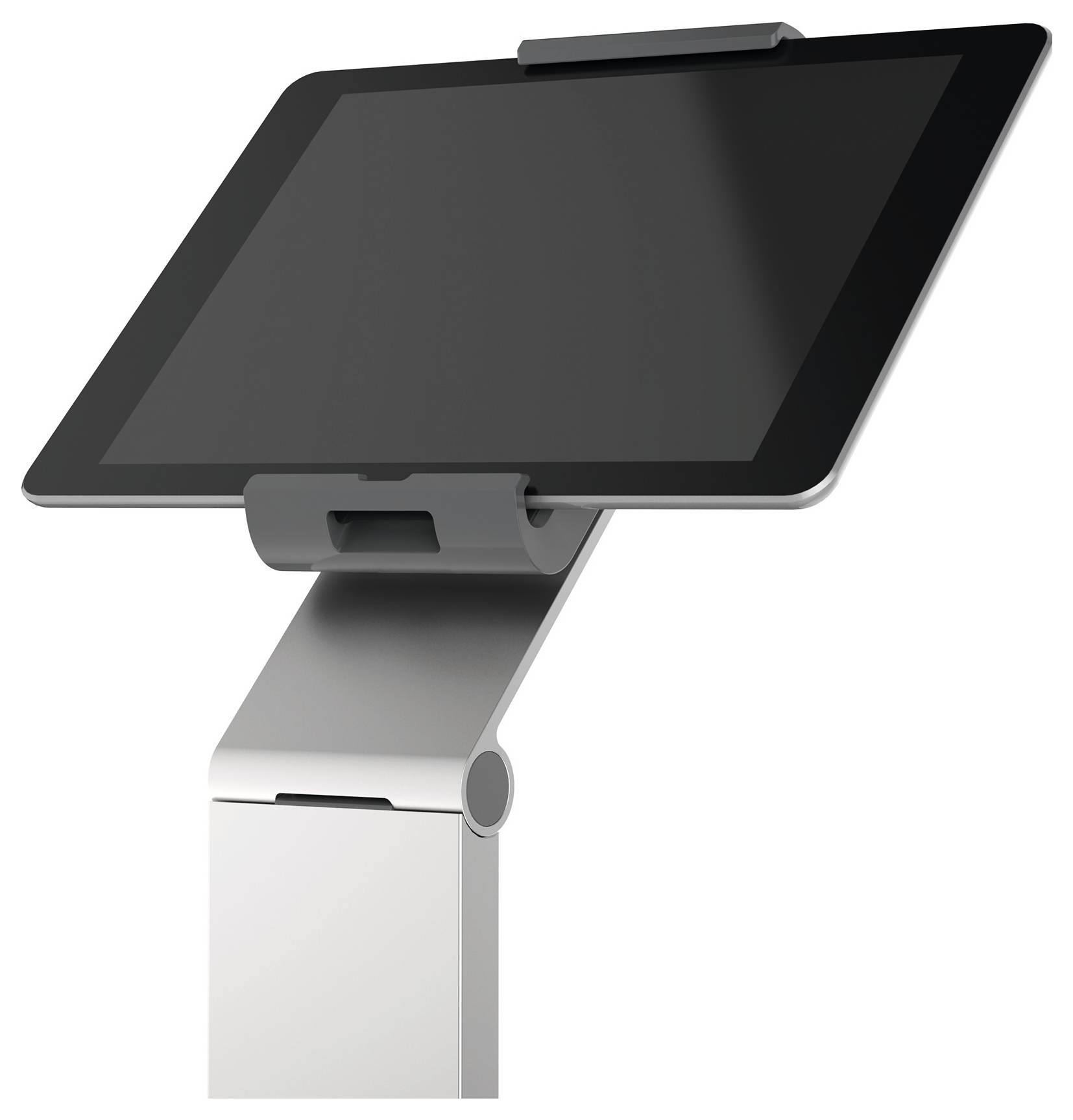 A modern tablet mounted in a grey bracket on a stand.