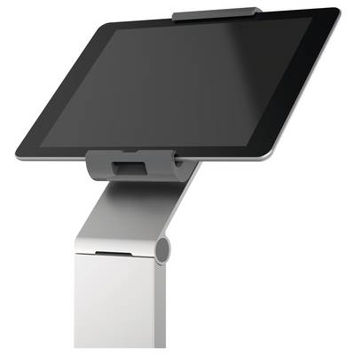 A modern tablet mounted in a grey bracket on a stand.