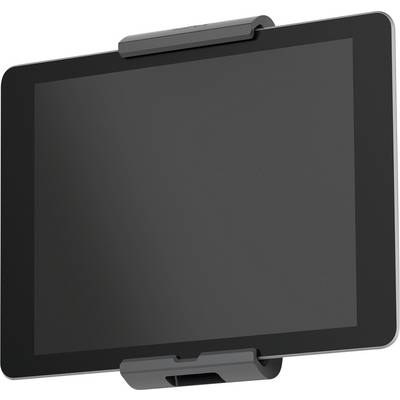 A black tablet in landscape orientation, held by a grey stand. The screen is switched off.