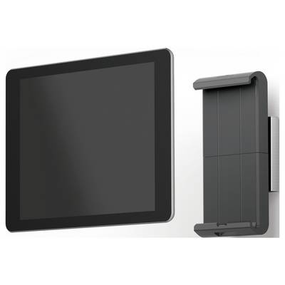 A black tablet beside a wall mount that is flat and minimalist in design, well-suited for the tablet to its right.