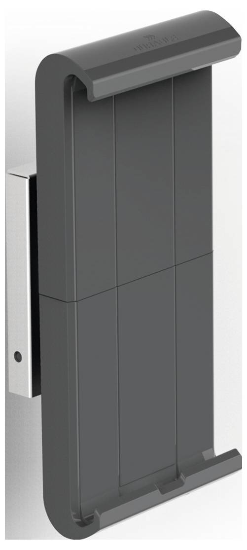 A modern, rectangular, folding shower seat in a dark colour, attached to a wall-mounted metal bracket, suitable for bathrooms.