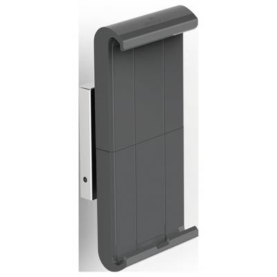 A modern, rectangular, folding shower seat in a dark colour, attached to a wall-mounted metal bracket, suitable for bathrooms.