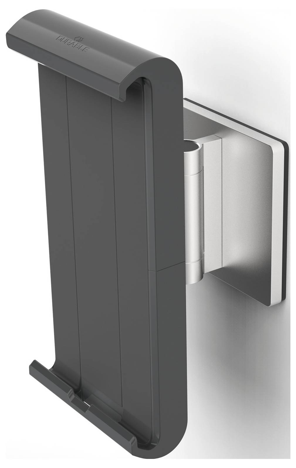 A black wall mount with adjustable brackets for a tablet or smartphone, mounted on a silver base.