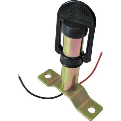 A metal rod with two mounting holes has a black and a red wire attached to it.