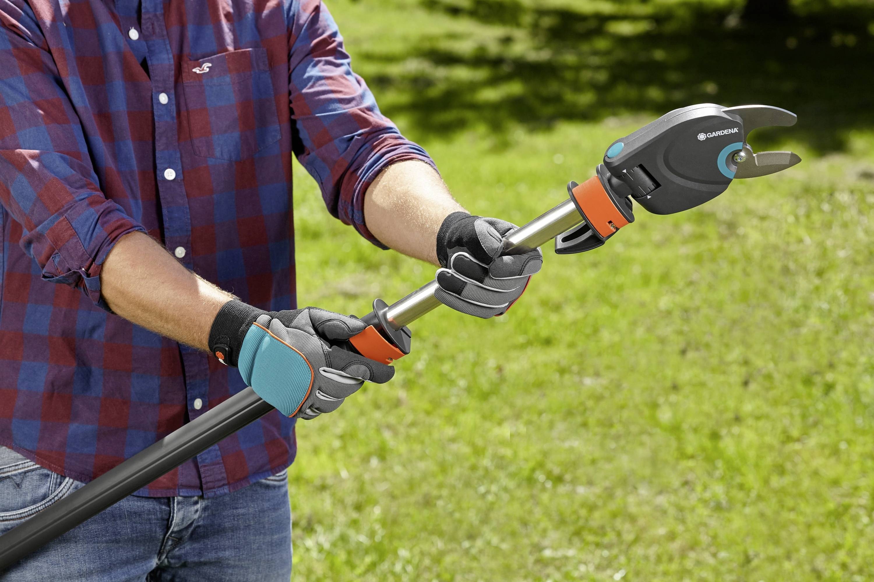 A person in a checked shirt is using garden shears with a telescopic handle to trim branches in a garden.