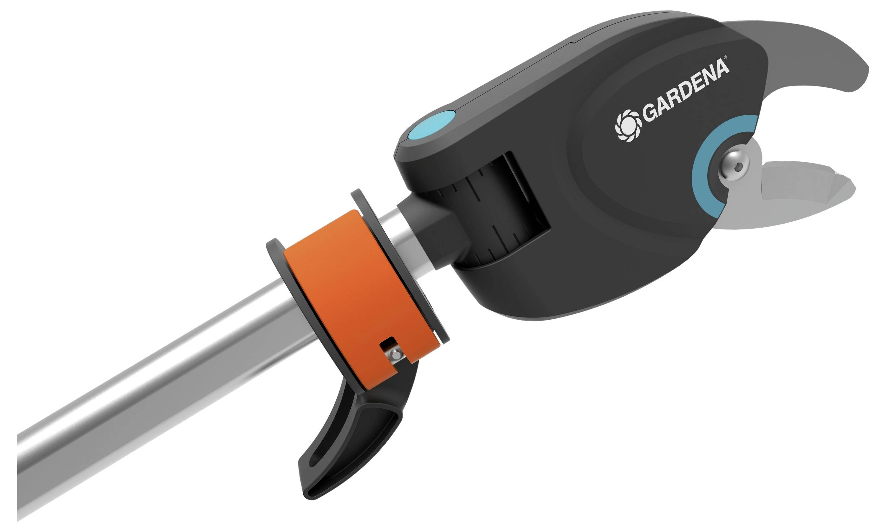 Branch pruner with a long handle and mechanical cutting mechanism in black and orange, suitable for pruning branches.