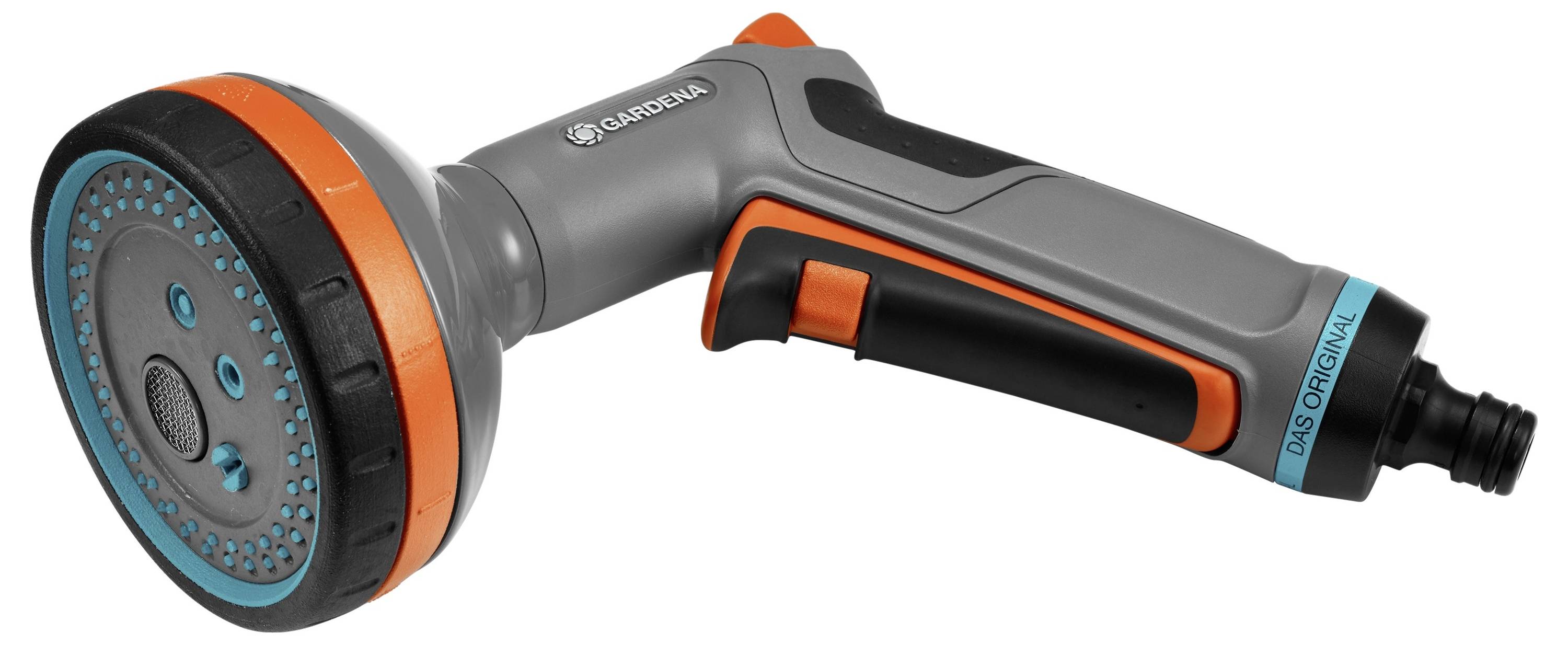Grey and orange garden hose spray nozzle with multiple spray functions.