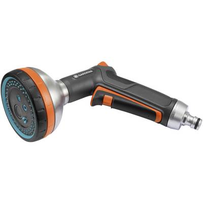 A black garden hose spray nozzle with orange details and multiple spray openings. Designed for different watering modes.