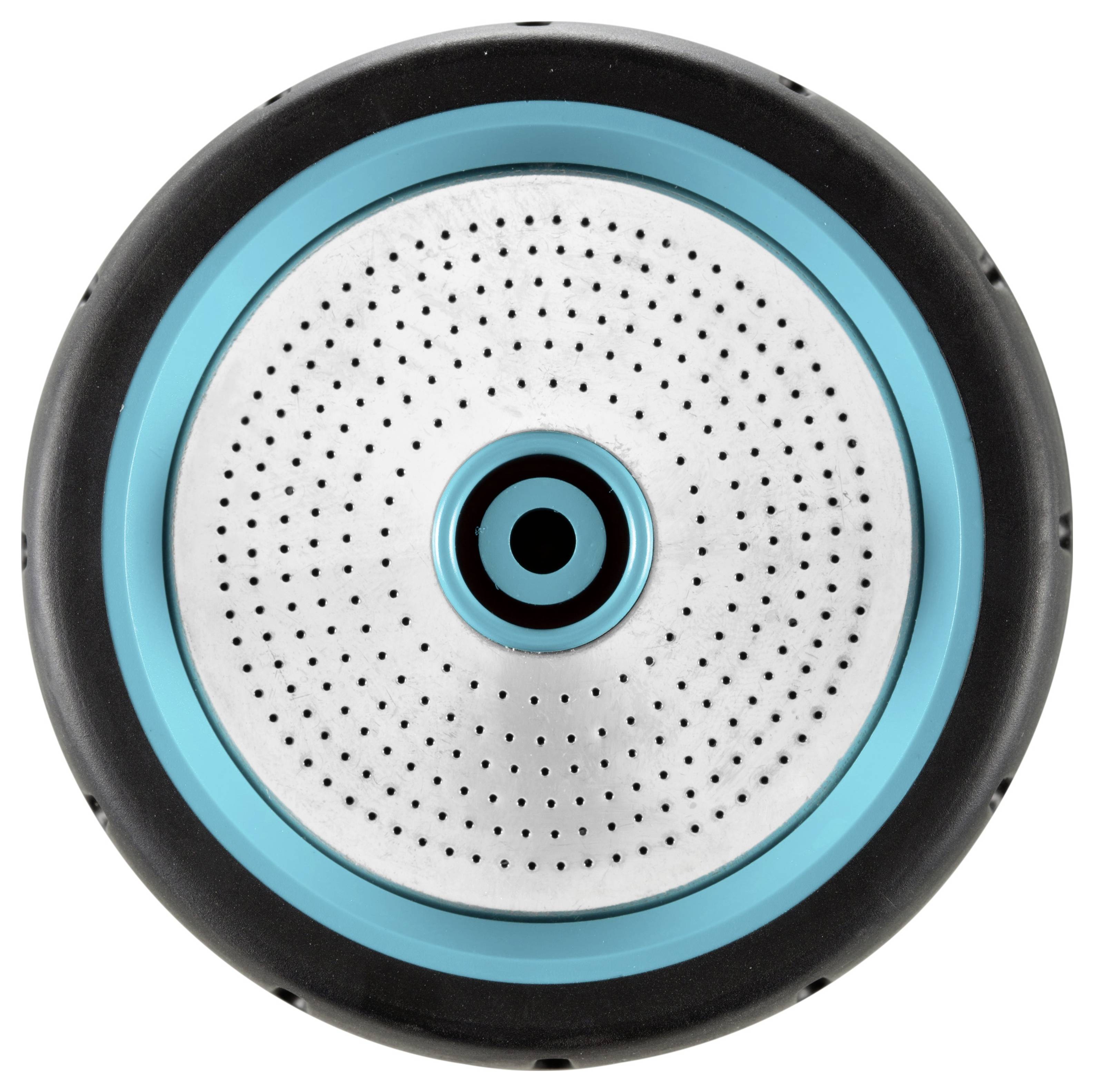 Round, silver shower head plate with fine spray apertures, surrounded by a turquoise ring, centred circular opening.