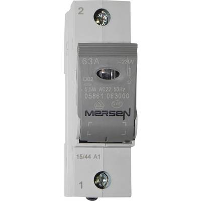 'Grey Mersen fuse holder with inscription: 63A, AC22, 50Hz, 5.5W, 230V.'<br><br>Note: I've kept the technical specifications exactly the same, simply converting the text to British English spelling and format.