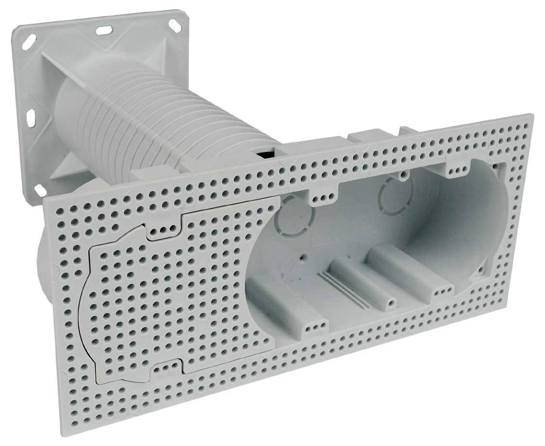 'A plastic vent with a perforated faceplate, designed for airflow in HVAC systems, featuring a rectangular mounting surface.'