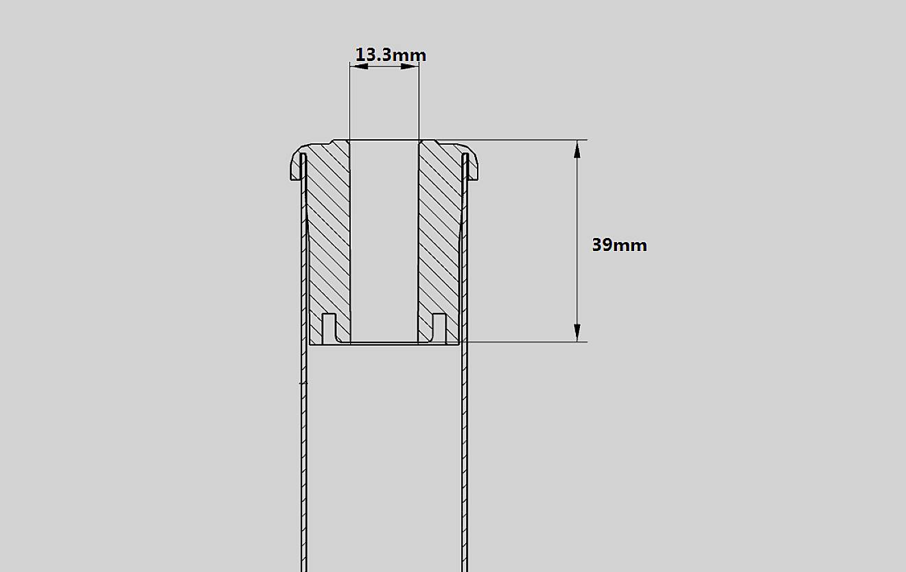 Cross-section of a cylindrical object. The height is 39 mm, the upper diameter 13.3 mm. Shows dimension lines and sectional view.