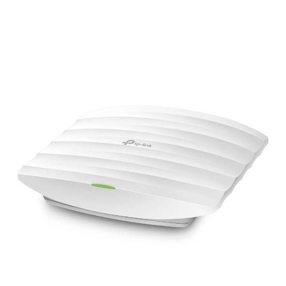 A white Wi-Fi access point with a wavy design. A green light indicates the operational status. Brand irrelevant.