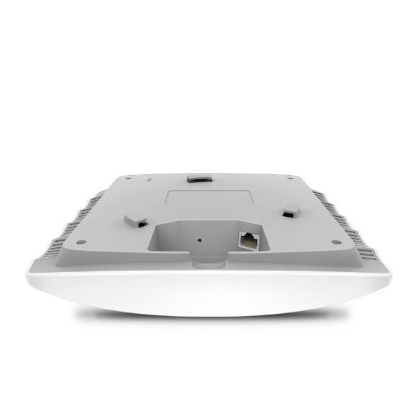 A Wi-Fi access point viewed from below, showing Ethernet port and mounting bracket on a grey housing with a white front panel.
