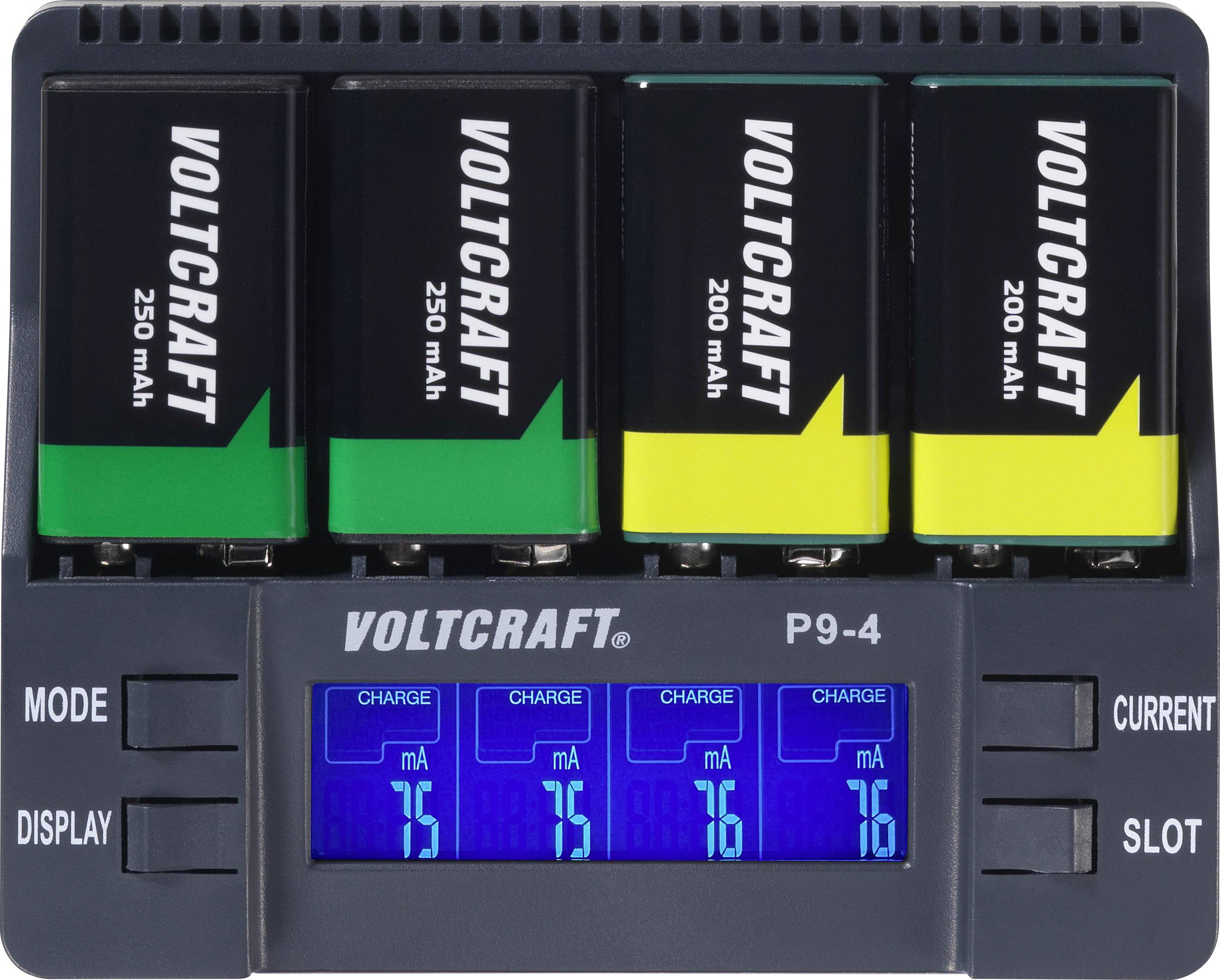 Four rechargeable batteries in a charger with an LCD display. Three batteries are green, one is yellow. Display shows charging status.