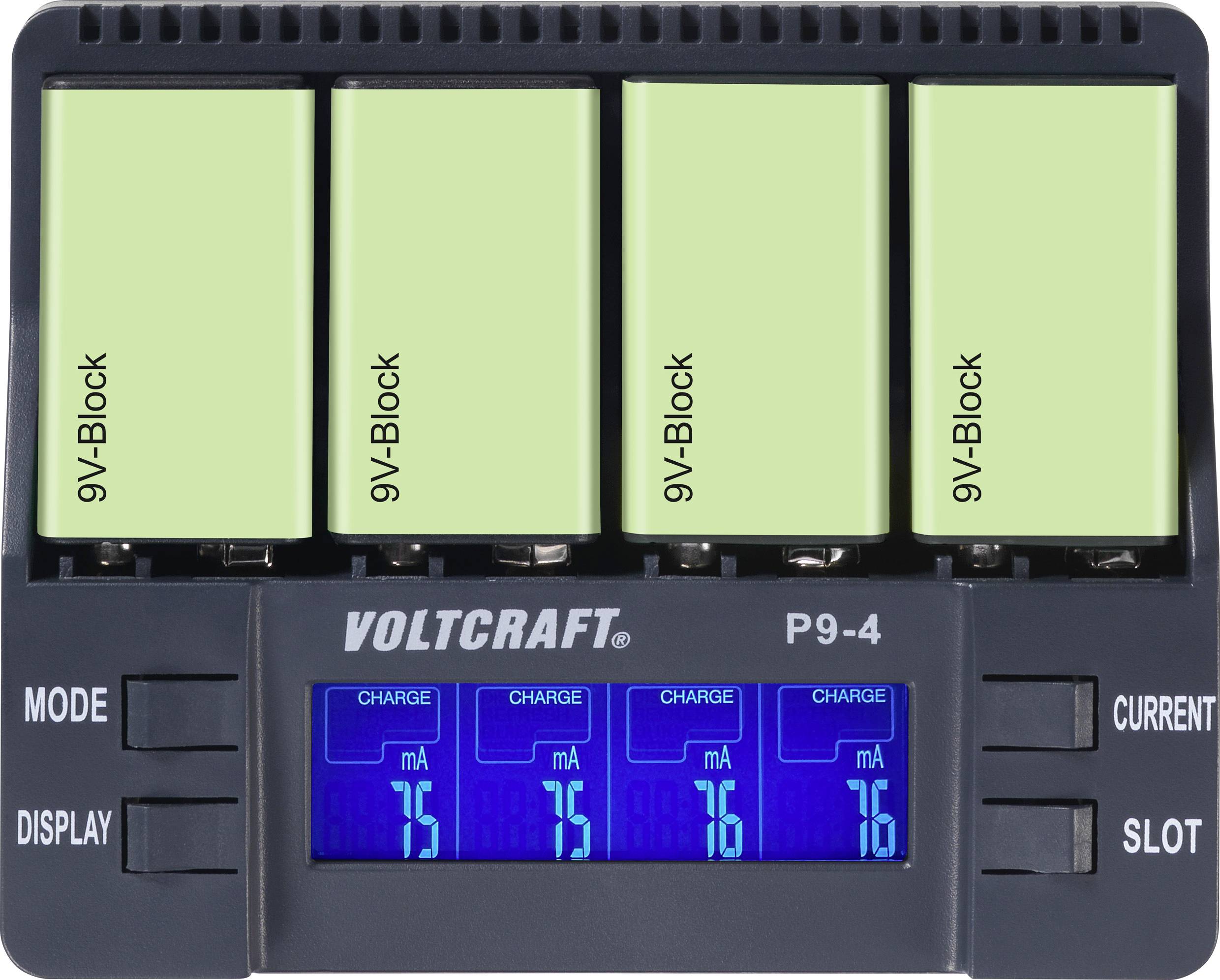 Four green 9V batteries in the Voltcraft P9-4 charger. Display shows charging currents from 75 mA to 76 mA. Mode and display buttons visible.