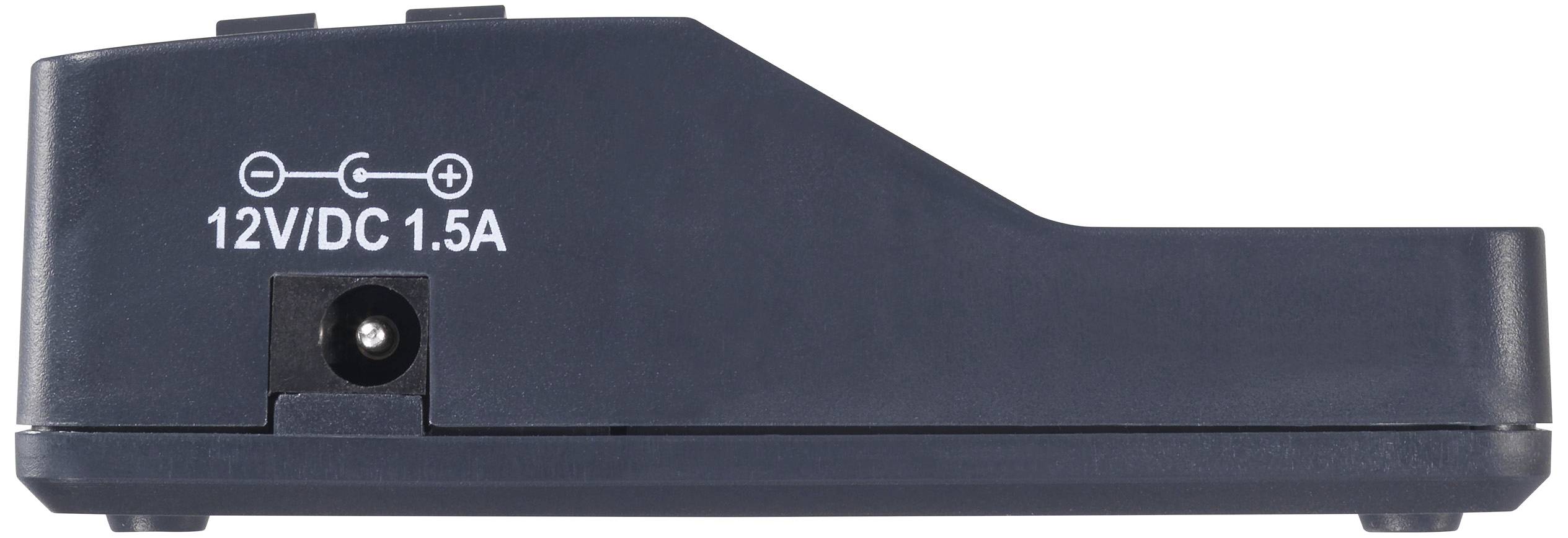 Black 12V DC power supply with 1.5A and a socket for power cable connection, shown from the side.