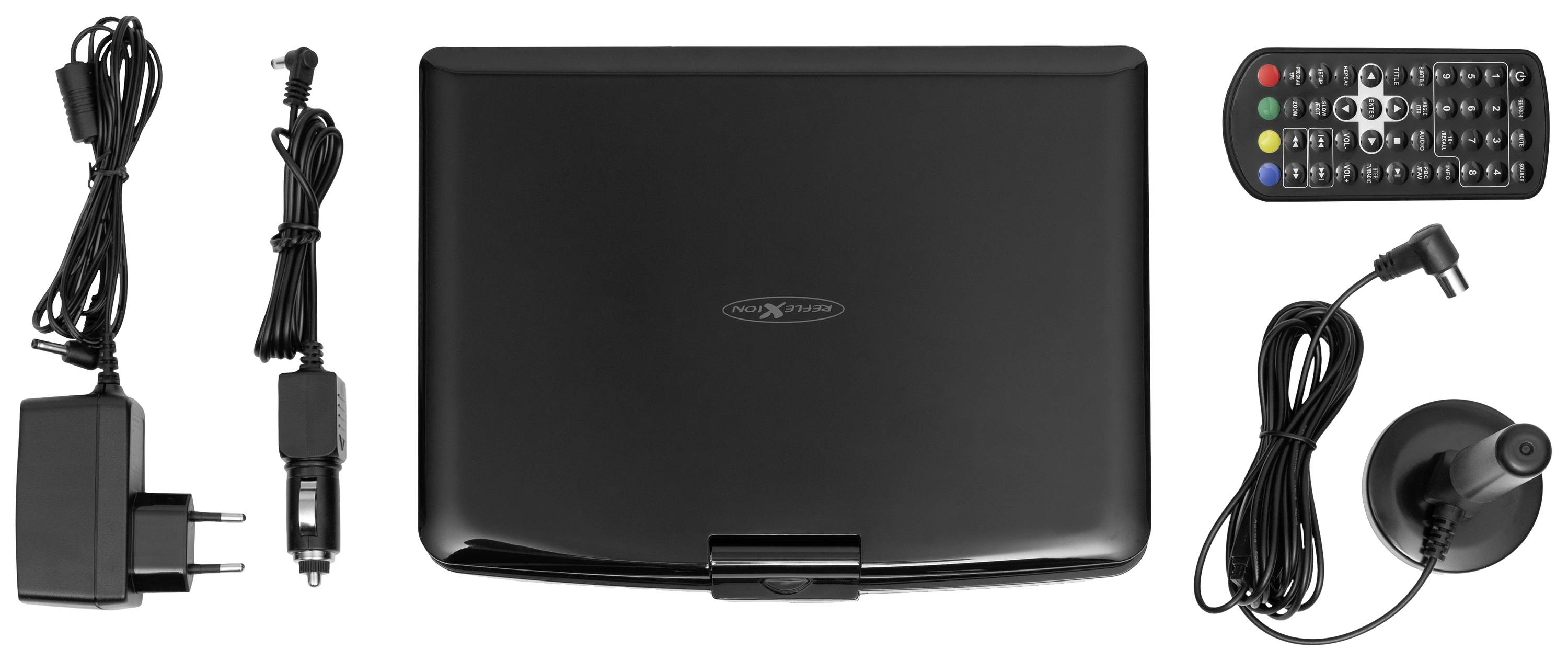 A portable DVD player with power supply, car charger, remote control and antenna. All accessories are placed beside the device.