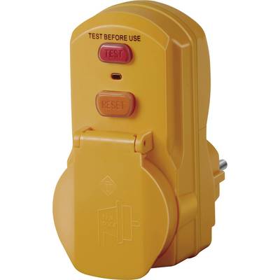 Orange electrical outlet safety device with 'TEST BEFORE USE' label, TEST and RESET buttons, and a covered socket outlet<br>