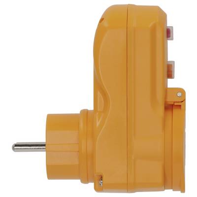 Orange electrical plug-in device with a metal prong, shown in side view on a white background.