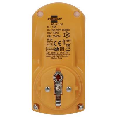 Orange Brennenstuhl electrical plug-in socket adapter with safety labels, 16A, 230V, IP54, and grounding contact visible on the front.