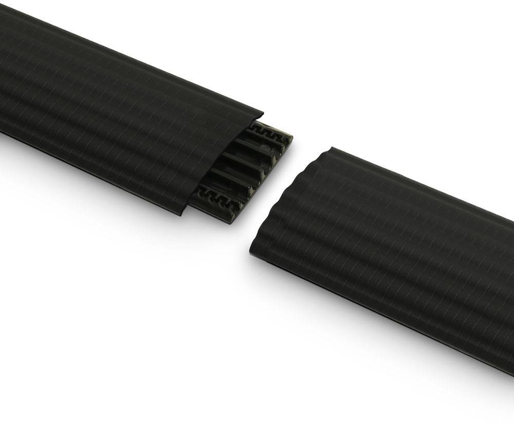 Two black cable channels with a central section representing two separate parts, one of which has an open end section.