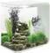 A small, decorative aquarium with green plants, black and white corals, and rocks arranged inside.