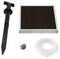 Solar powered water pump kit with a black solar panel, pump stake, air stone, and transparent hose, suitable for small fountains.