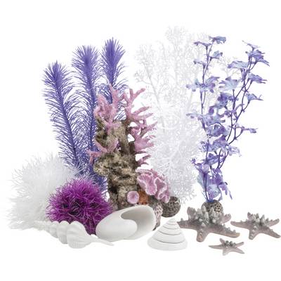 Colorful artificial coral and sea plants in purples, pinks, and whites, alongside white seashells and starfish, arranged decoratively.