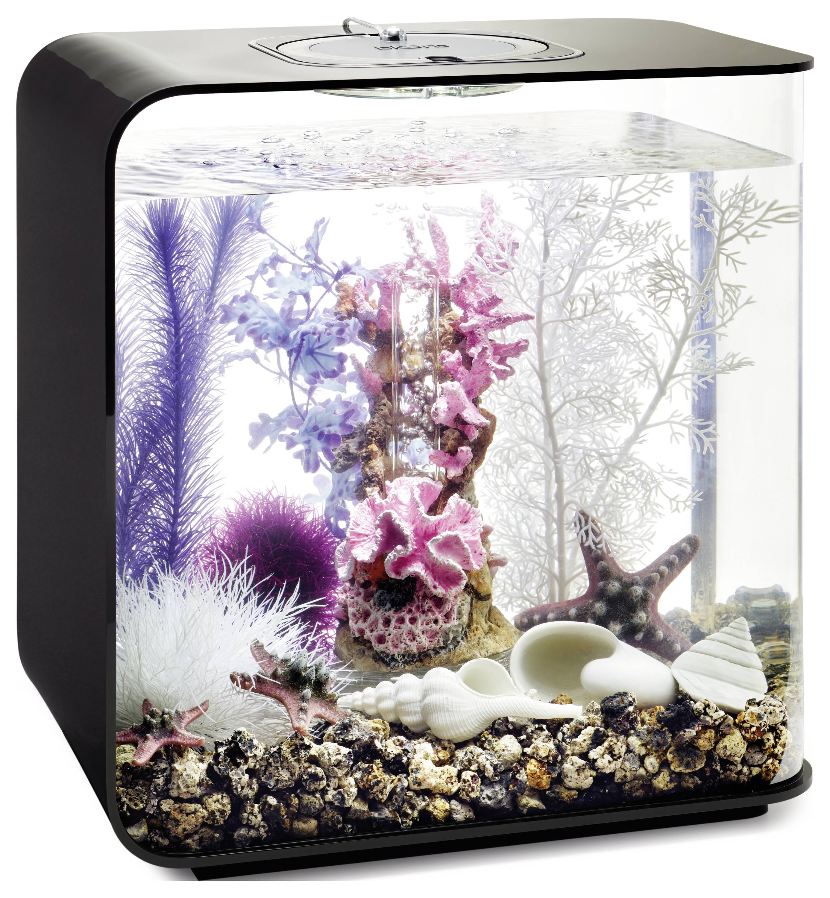 A sleek, modern fish tank with coral, shells, and fake plants in vibrant pink, purple, and white hues, creating a lively underwater scene.