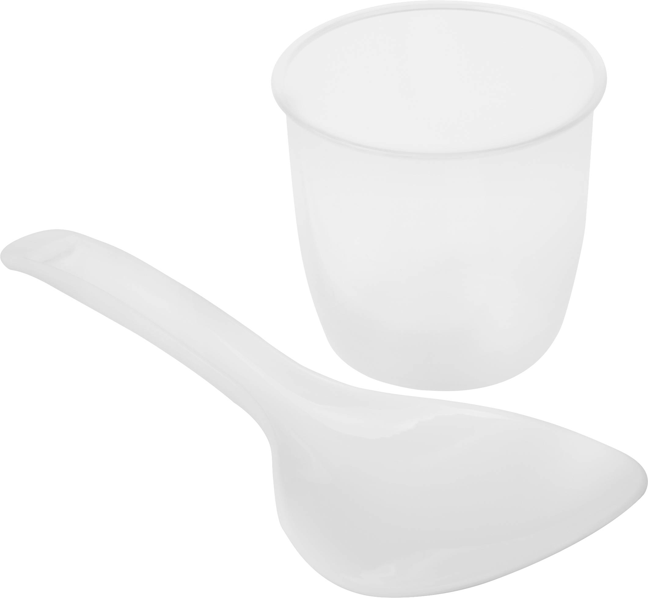 A white plastic cup and a matching plastic spoon are arranged side by side.