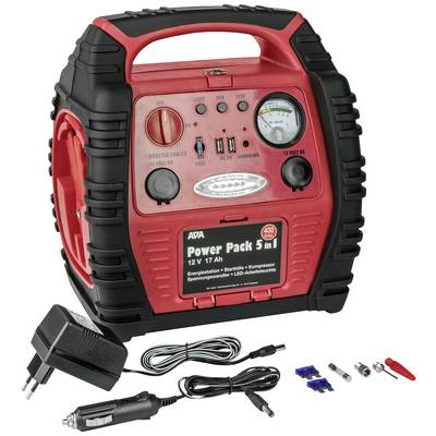 'Power Pack 5 in 1' in black and red casing with charging indicator, power sockets, and accessories such as cables and adapters in the foreground.