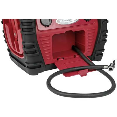 Robust, portable air pump with flexible black hose connection. Suitable for inflating tyres or sports equipment.