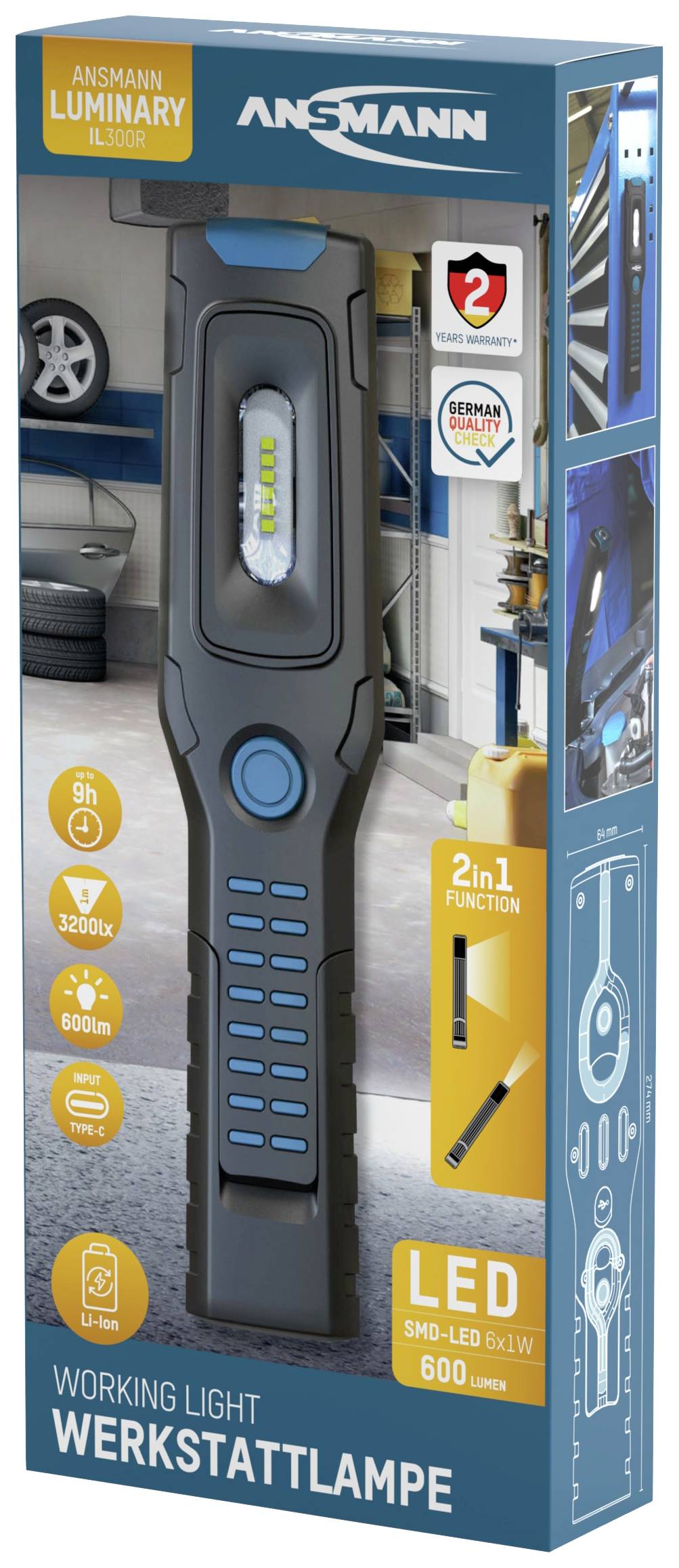 'Ansmann Workshop Lamp' in blue packaging with LED specifications: 600 lumens, 5W, 2-in-1 function. Recommended for workshops and garages.
