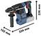 Cordless hammer drill, Bosch, blue-red, with left-hand grip and length specifications. Dimensions: 334 mm length, 226 mm height, 102 mm depth.