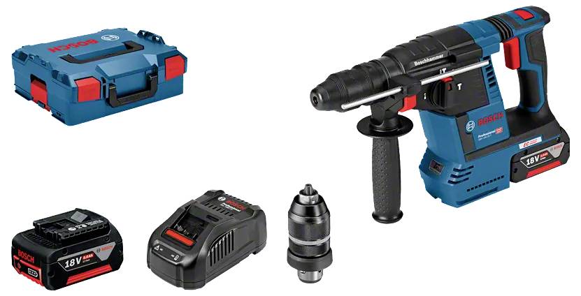A cordless blue and black rotary hammer drill set with battery, charger, and case, suitable for construction or DIY tasks.