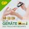 A person holds a battery sensor in their hand, symbol for everyday devices, with text 'Ideal for everyday appliances'. GP Battery pictured.