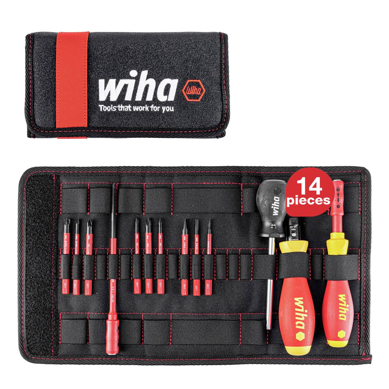 Toolkit with 14 Pieces. Includes screwdrivers and bits in a black case with a red accent. Brand name 'Wiha'.