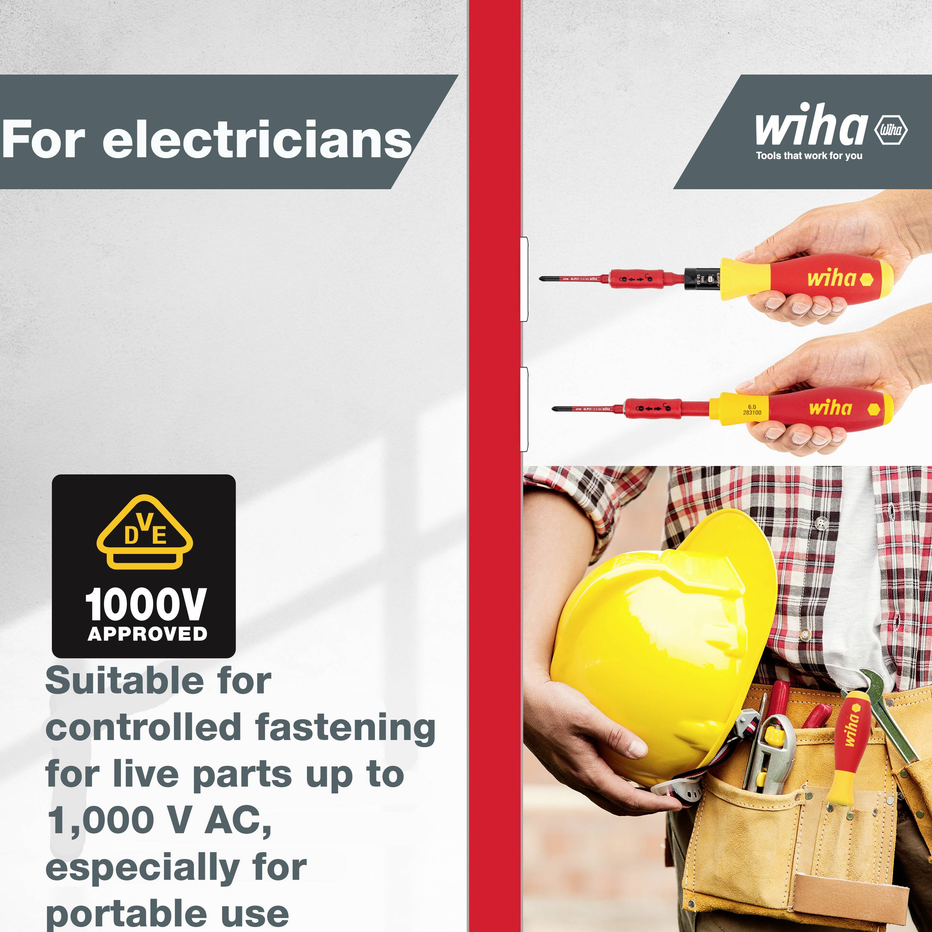 A tradesman is holding a yellow safety helmet and a red screwdriver with a yellow handle, which is marked for voltage testing up to 1000V.