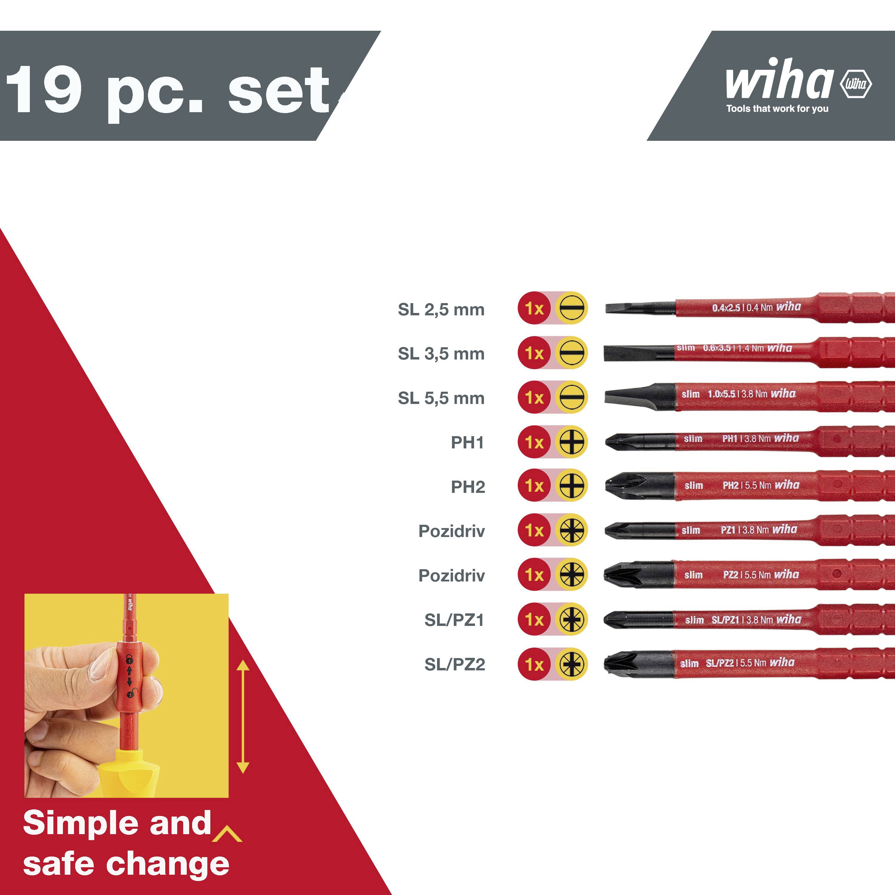 19-piece Wiha Screwdriver Set with various sizes. Includes SL, PH, Pozidriv, SL/PZ. Image shows interchangeable system.