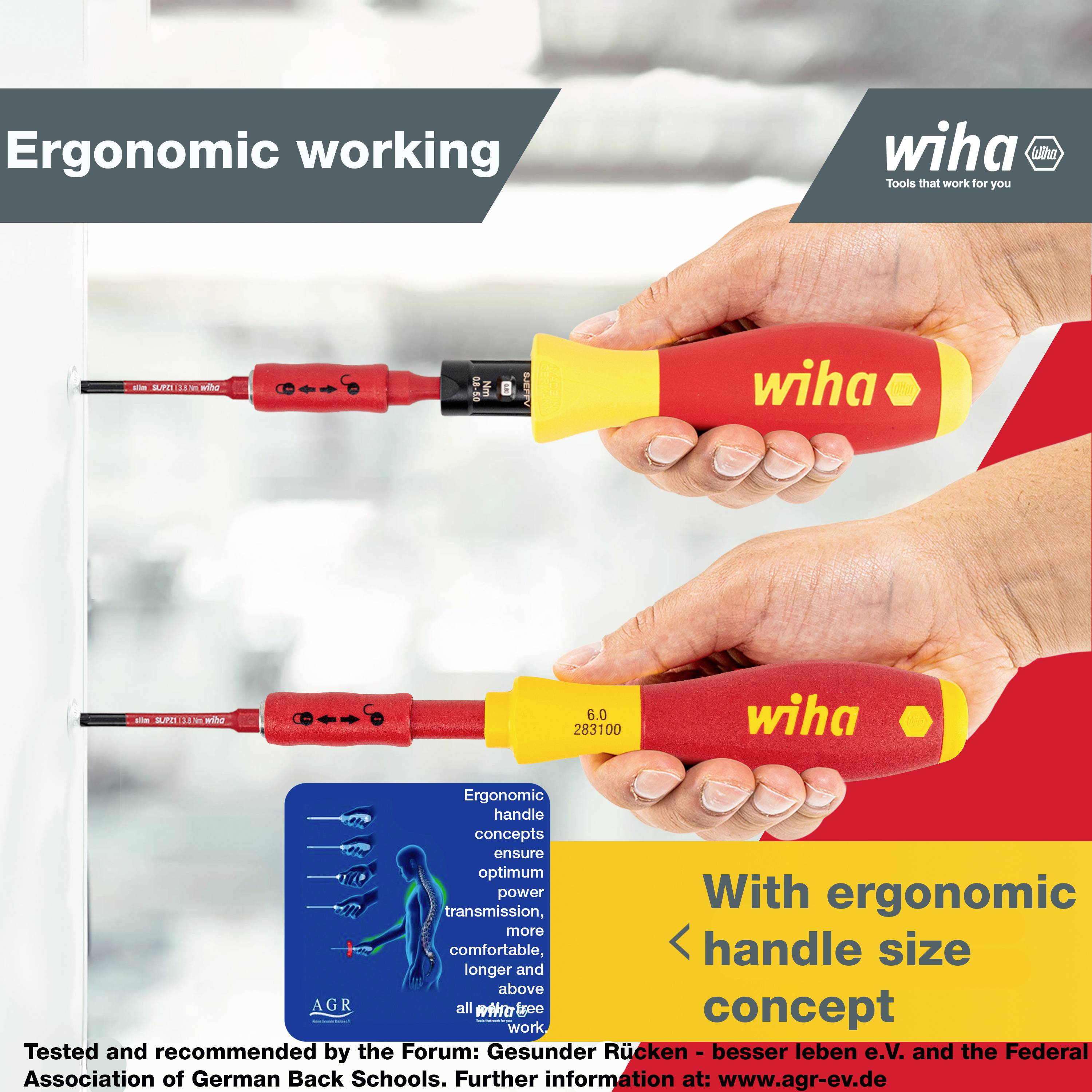 'Working Ergonomically' shows a hand holding a screwdriver, with text about an ergonomic handle size concept.