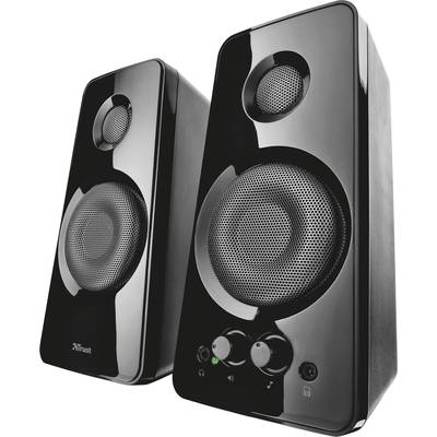 Two black speakers with silver grilles and control knobs on the front, standing at a slight angle backwards.