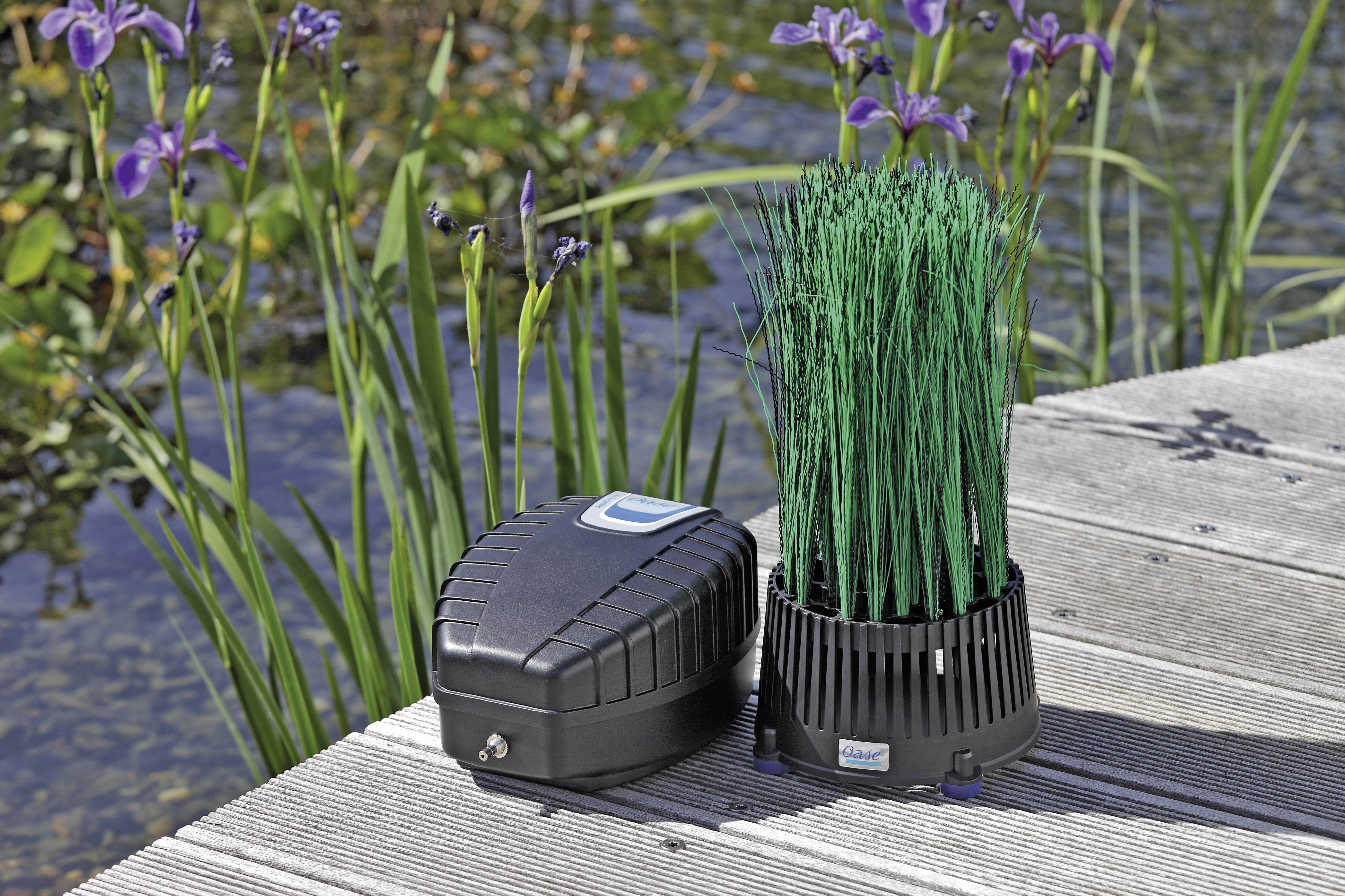 'A pond aeration device on a wooden deck beside water with purple flowers. The device has a motor unit and a separate cylindrical unit resembling tall grass.'