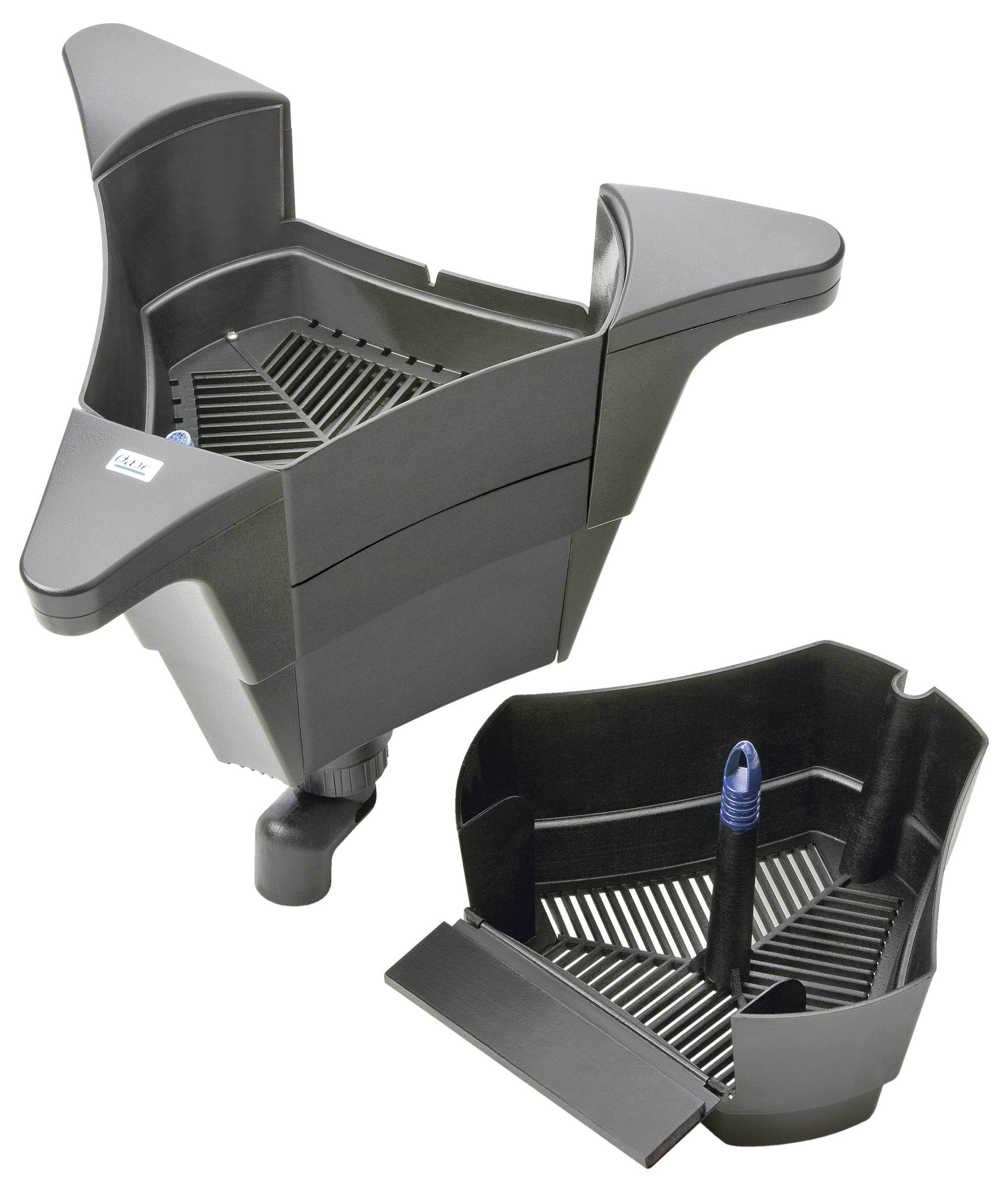 'Flexi Filter Splitter' showing two black plastic components designed to filter and redirect water flow.