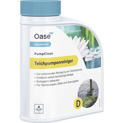 A bottle labeled 'Teichpumpenreiniger' for cleaning pond pumps, with features including gentle cleaning and biodegradable formula.