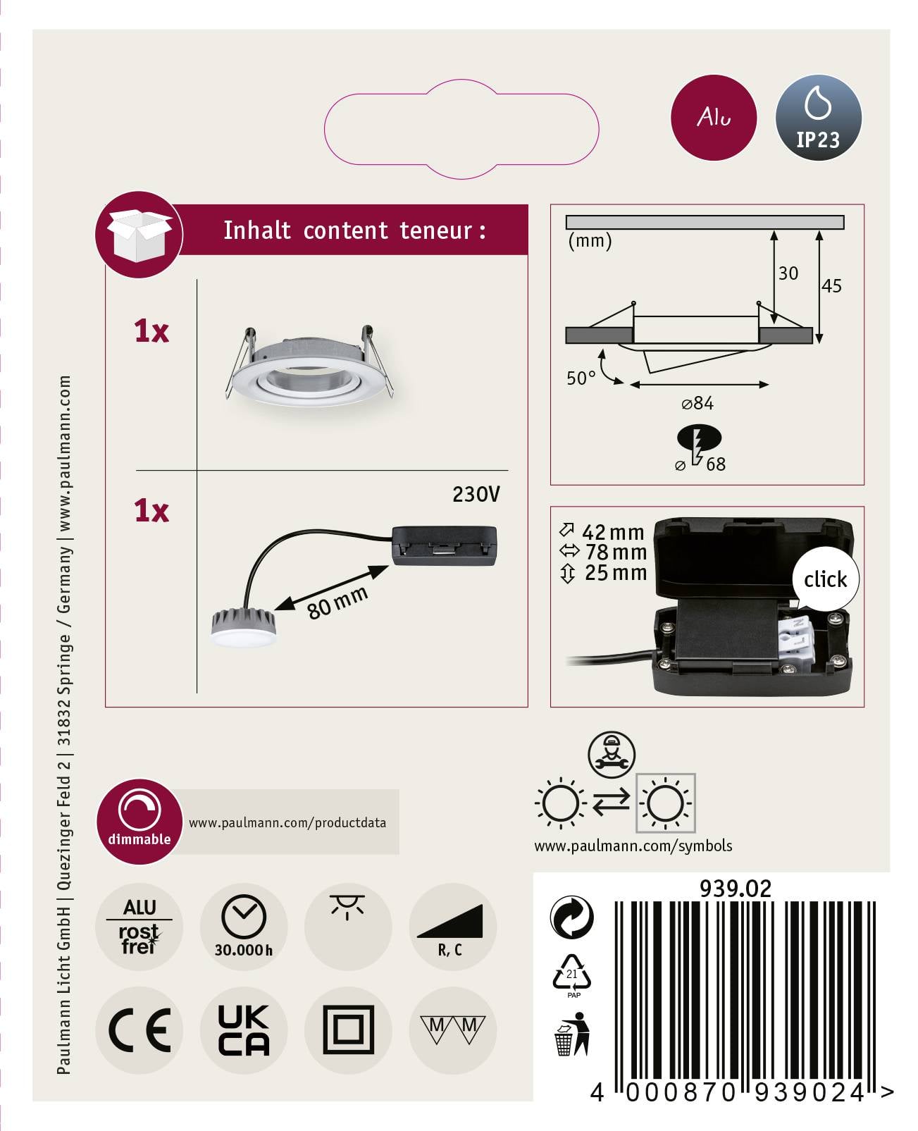 'Paulmann' LED Recessed Light, 1 Piece. Dimensions: Mounting Aperture ø68, Mounting Depth 25mm, Outer Diameter ø84mm. 'IP23' Protection Rating.